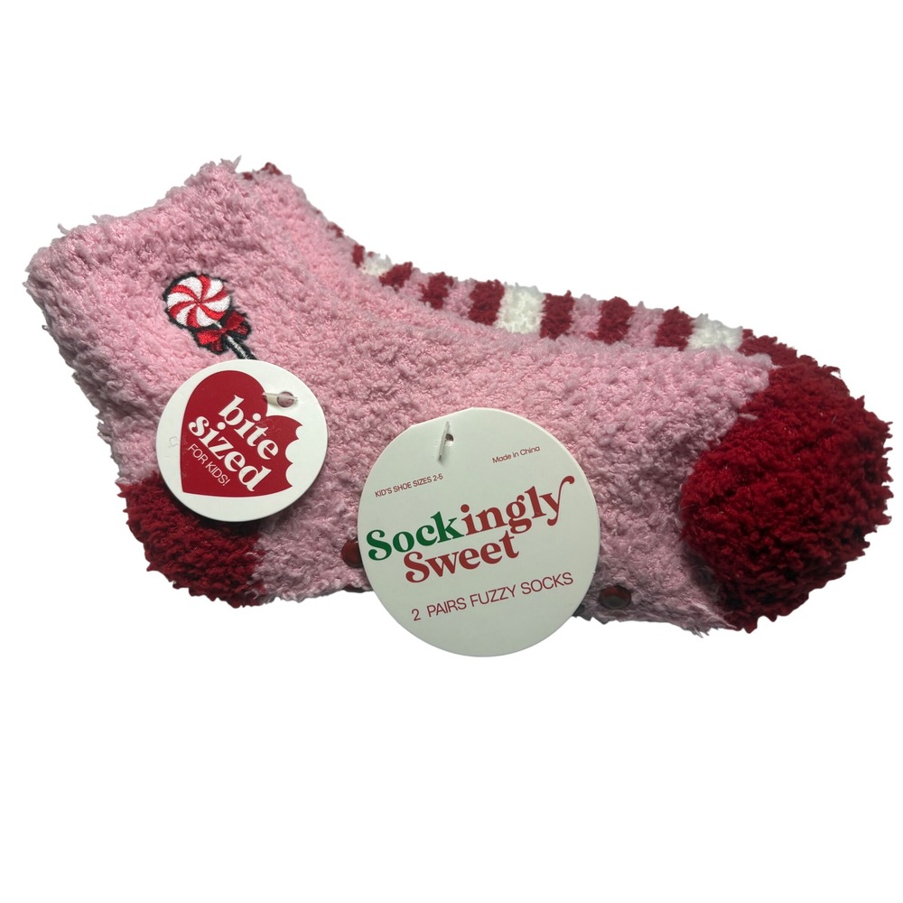 Sockingly Sweet 2 Pairs Kids Fuzzy Socks Pink Red Peppermint Non-Slip Size 2-5